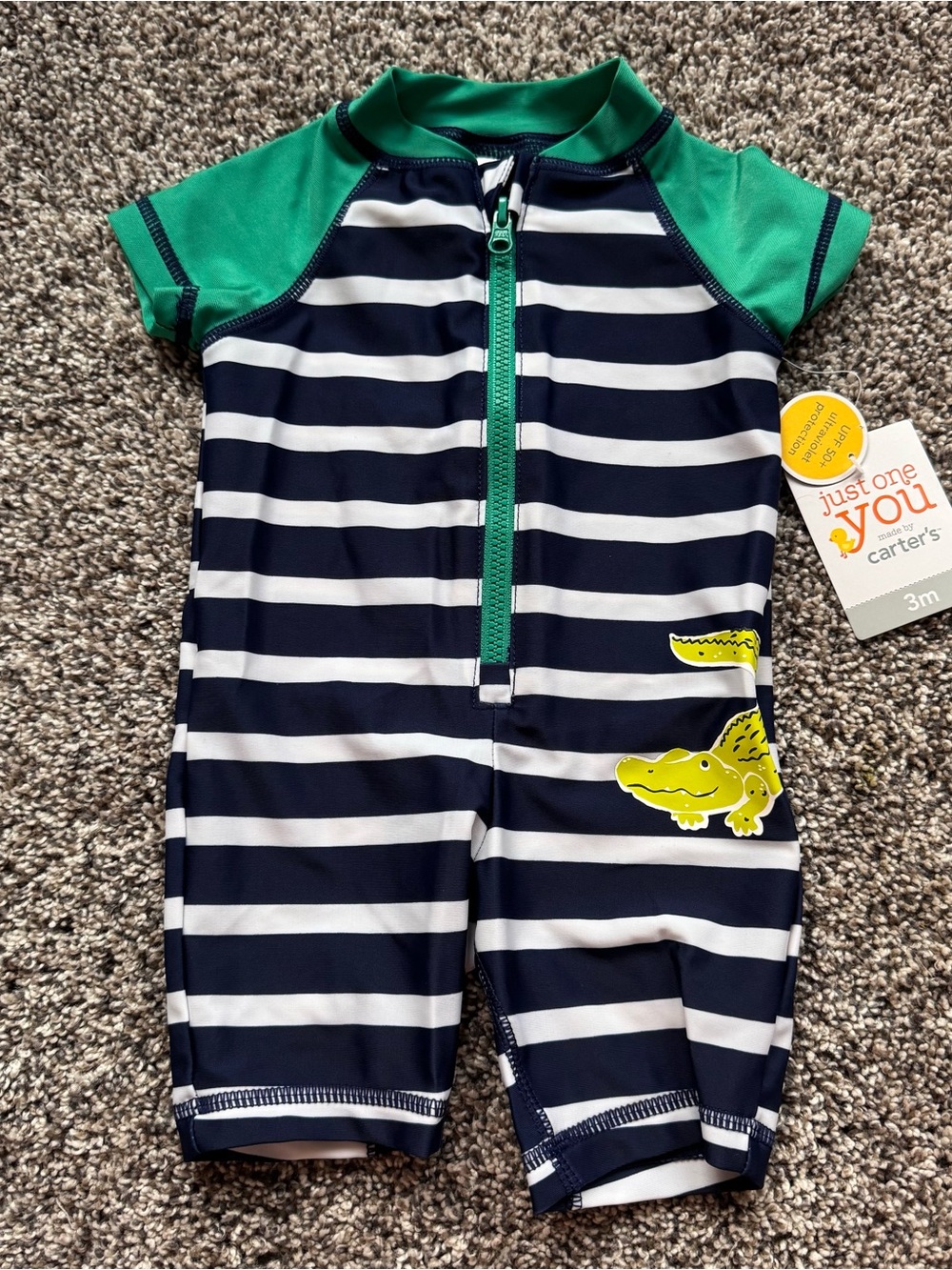 Carter's Kids' Navy & Green Stripe Zip-Front Swim Sunsuit with Alligator